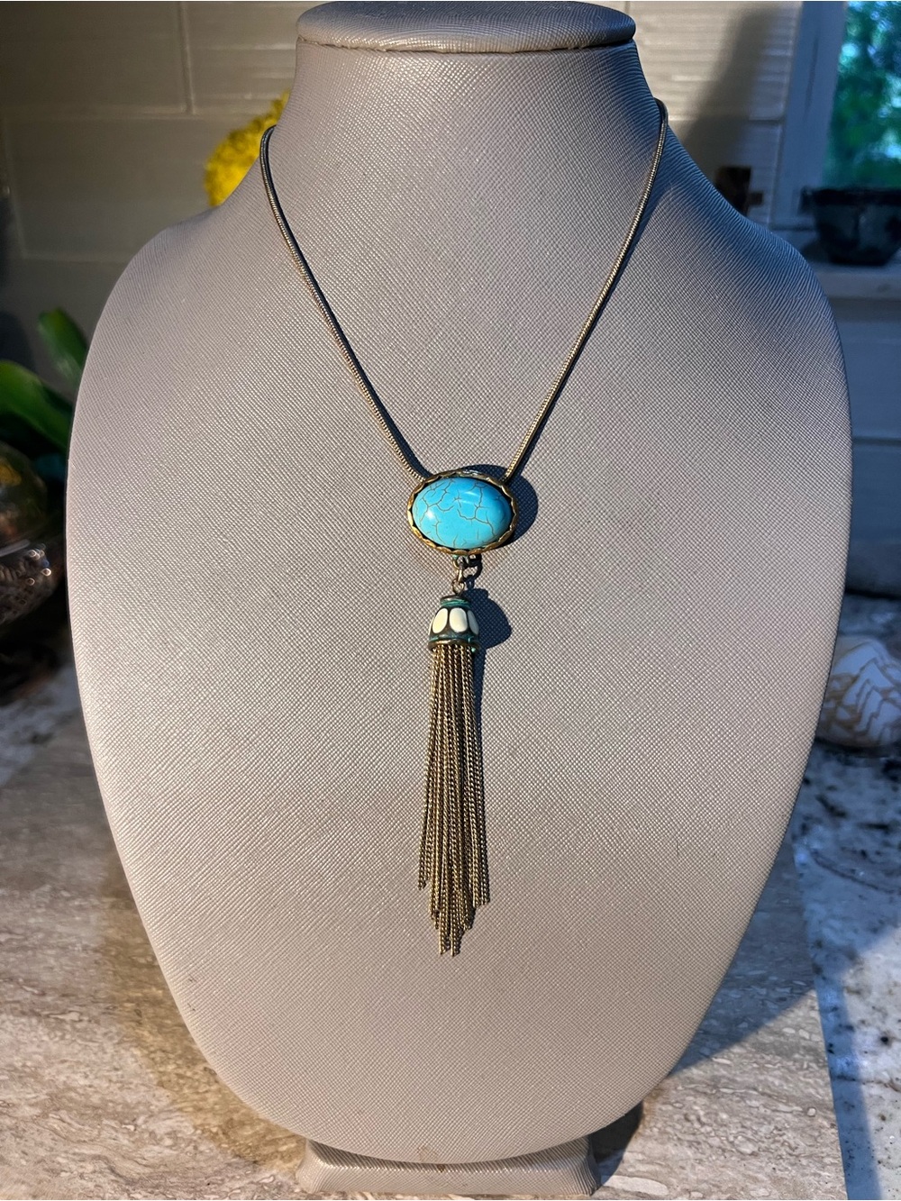 Boho Vintage Turquoise Stone Tassel Pendant Necklace -very cool